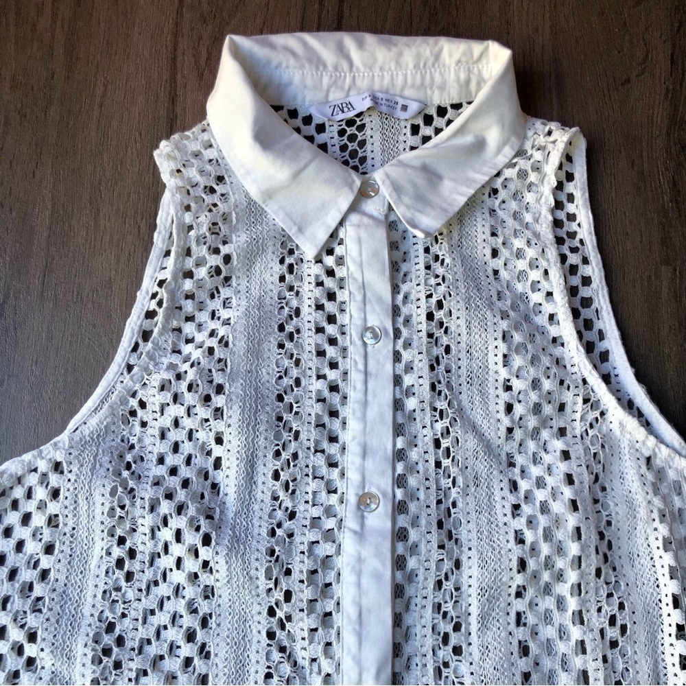 Zara Crochet Collared Top White Size S Retro 60s Mod Layer Tennis Prep Retro Fun - Picture 2 of 6